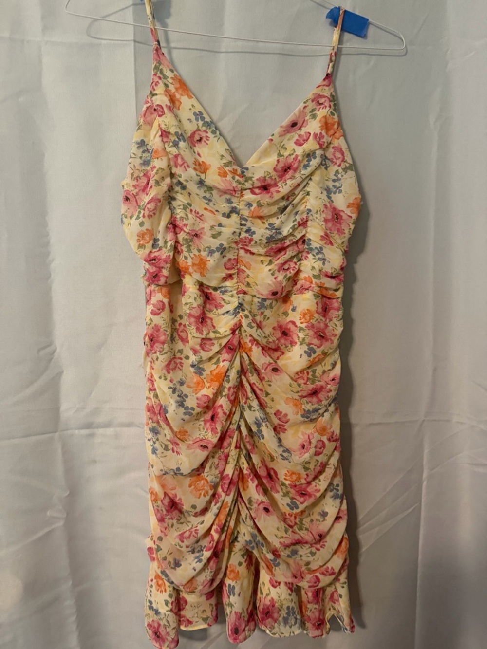 Astr Floral Ruched Spaghetti-Strap Midi Dress - Cream with Pink & Orange